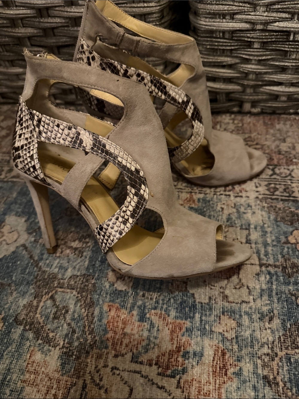 Ivanka Trump Taupe Suede Heels with Snake-Print Cutouts